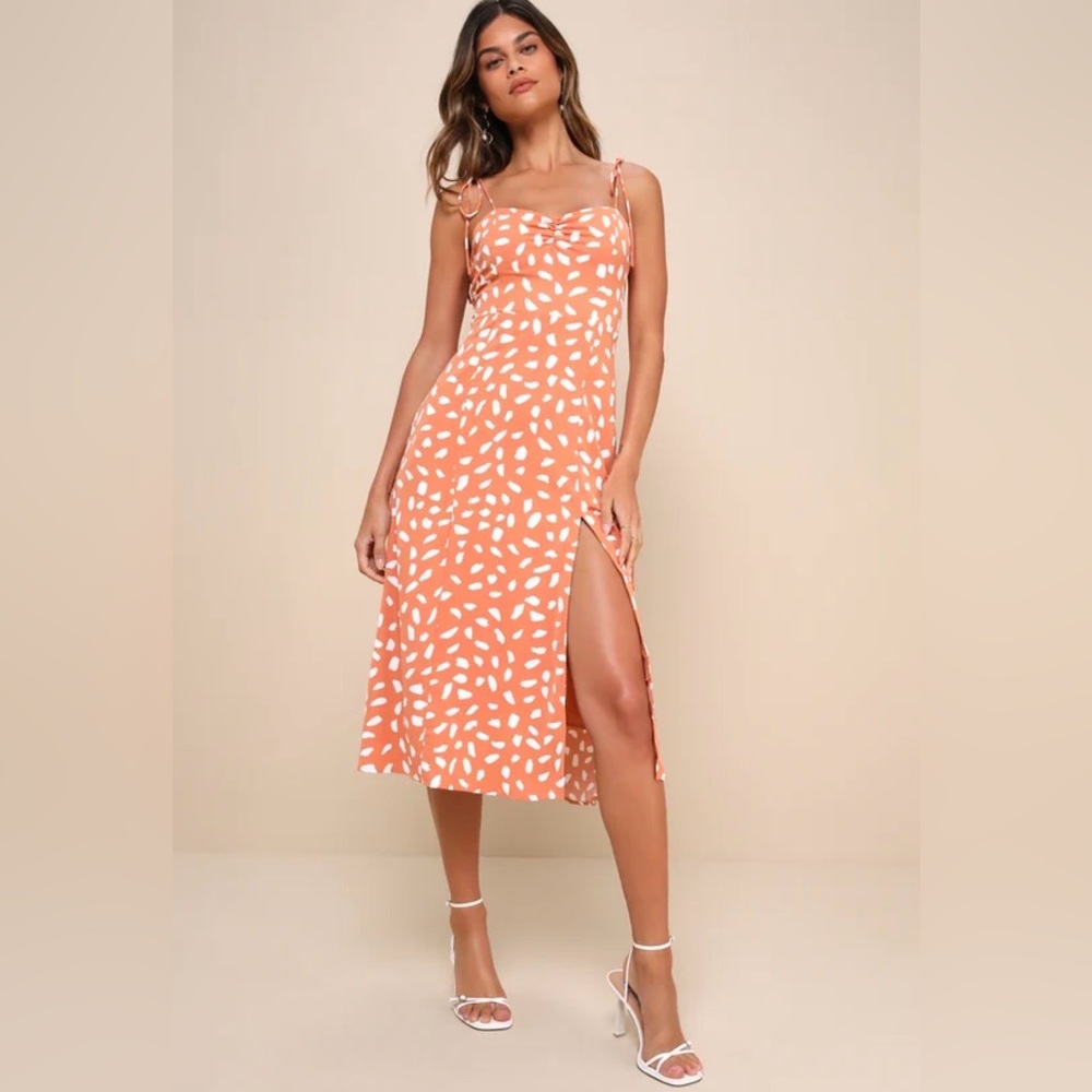 Lulus Orange and White Patterned Midi Dress NWT